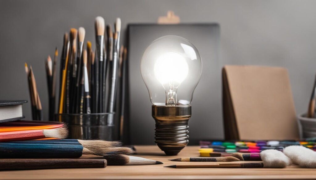 A light bulb on a desk with books.