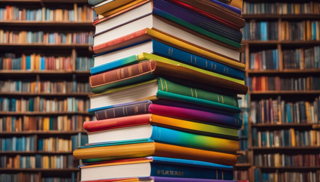 A stack of colourful books in front of a shelf of books