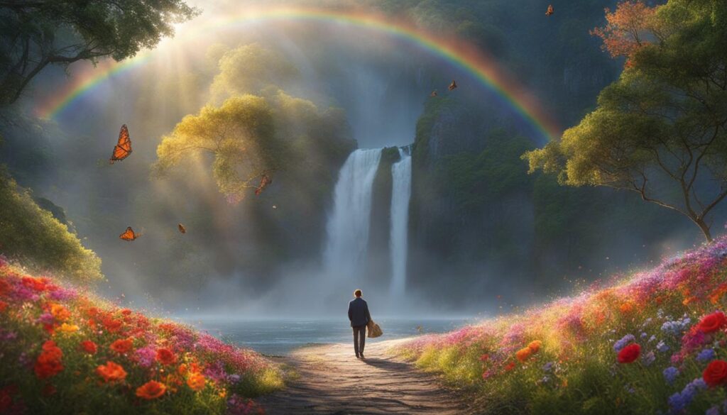 A Man Looking at a Waterfall and Rainbow Ahead