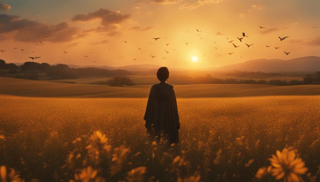 A Woman in a Field Looking at a Beautiful Sunset.