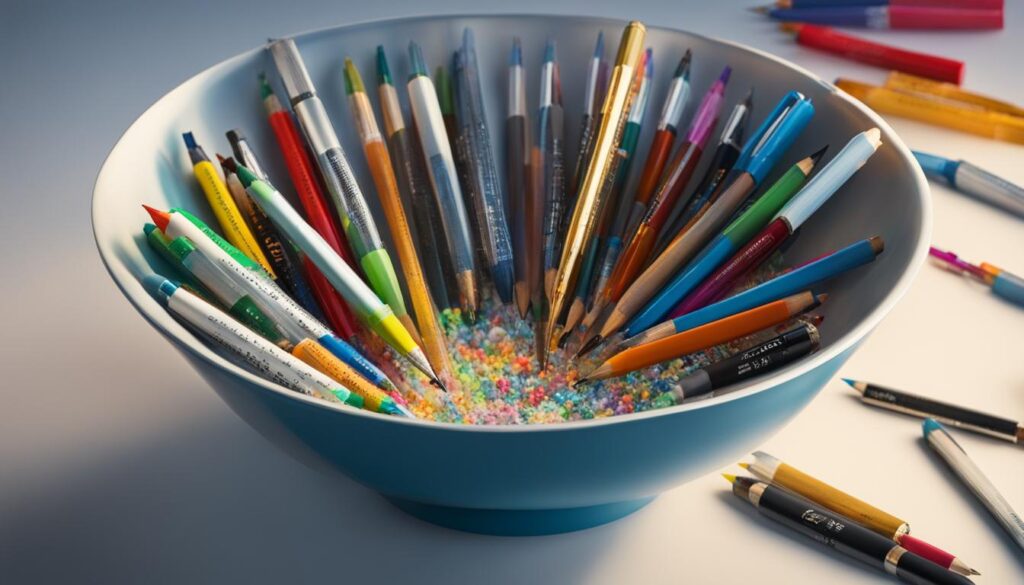 A bowl of colourful pens.