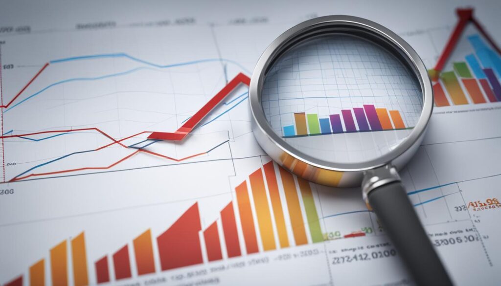 A magnifying glass looking at charts