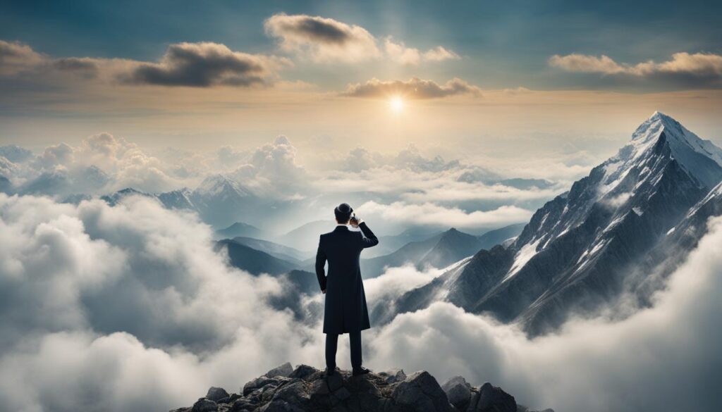 A person standing confidently on top of a mountain, looking out at a crowded industry below. 