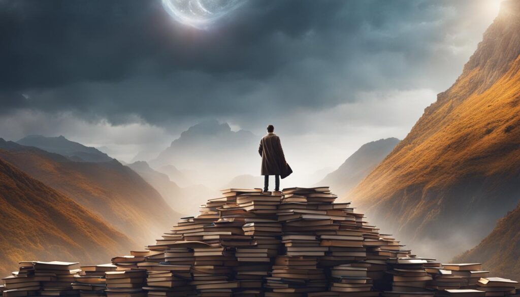 A solitary figure stands atop a mountain of books, their arms outstretched and their face lifted towards the sky. 