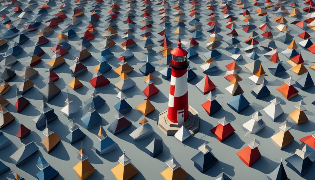 A bright lighthouse standing out in a crowded sea of tents, representing how thought leadership can guide and differentiate a business in a competitive industry.