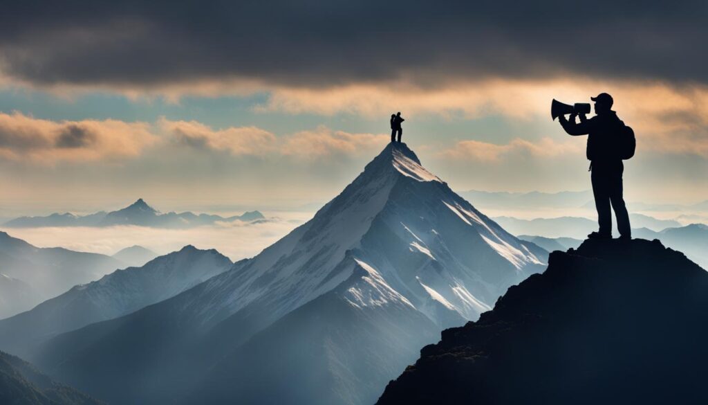 A person standing confidently on top of a mountain, holding a megaphone and pointing towards the horizon.