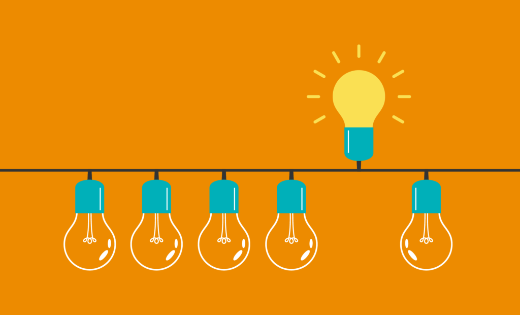 A row of lightbulbs connected by a singular cord. One lightbulb is on, standing out from the rest, showing thought leadership