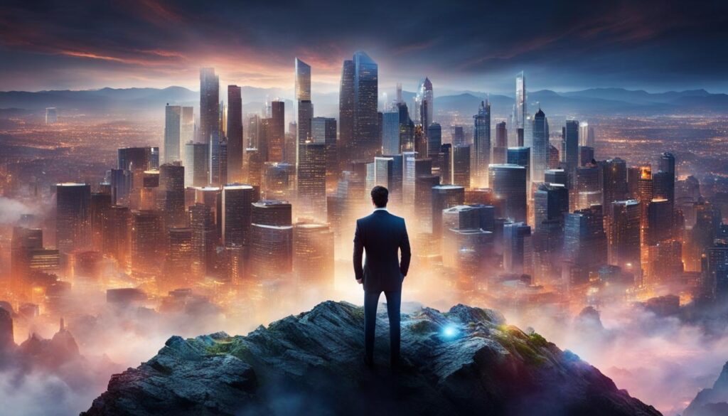 A businessman standing on top of a mountain, overlooking a city where different shapes and colours are emerging from the buildings in the foreground.  inspiration, showing that creative thinking is essential for success in business.