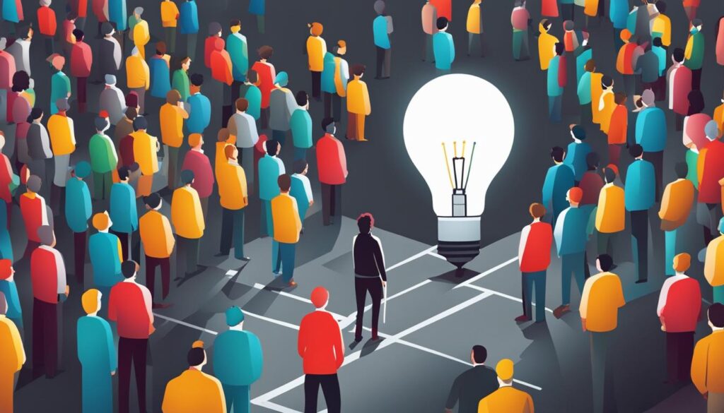 A group of people standing at a crossroads, with one person pointing ahead confidently while the others seem unsure. A light bulb above the confident person's head symbolizes the idea they came up with through creative thinking. 