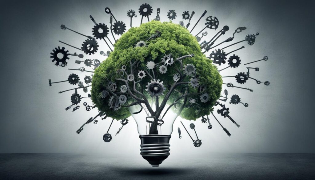 A tree growing out of a lightbulb, symbolizing how creative ideas can spark and grow in the business world.