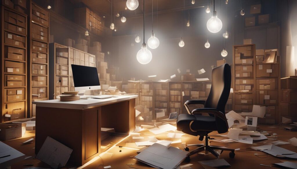 An office desk with a lightbulb on it, and the top of the desk is open like a lid. The lid is surrounded by conventional boxes, but one box is being pushed out towards the edge of the desk, breaking the conventional patterns. Through the opening, there are various abstract ideas and imagination floating out into the air above the desk.