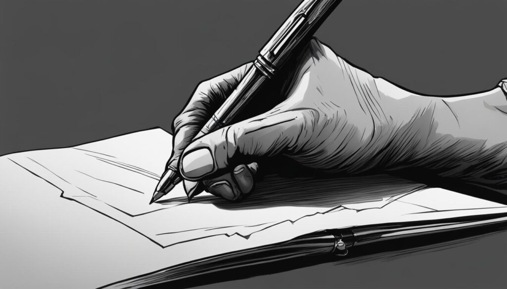 A hand gripping tightly onto a pen, poised and ready to write.