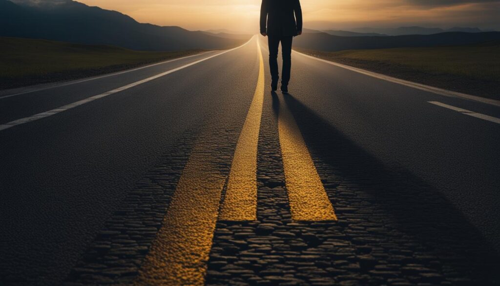 A person facing a fork in the road, with one path representing a missed opportunity and the other leading to a successful outcome.